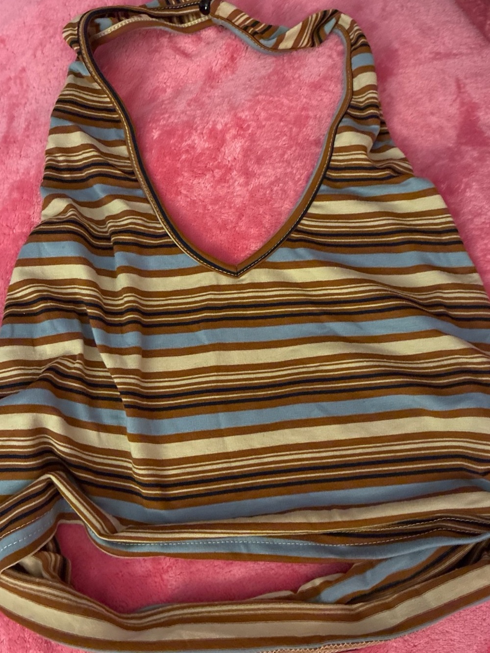 Striped V-Neck Halter Top in Brown and Blue